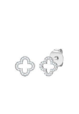 Pair of silver stud earrings shaped like four-petal flowers, each outlined with small sparkling clear stones.