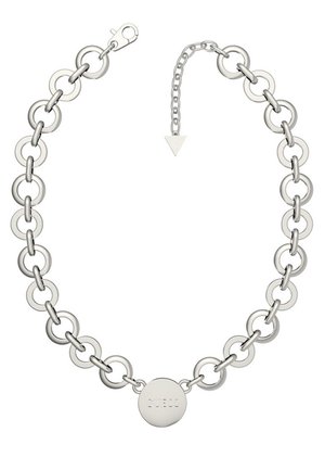 Bransoletka z łańcuszka w srebrnym odcieniu z okrągłymi ogniwami, regulowanym zapięciem oraz okrągłą zawieszką z grawerowanym napisem marki.