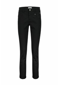 Zwarte denim broek met een aansluitend ontwerp, vijf zakken en een opgerolde zoom. Voorzien van een sluiting met een knop aan de voorkant en subtiele stikseldetails.