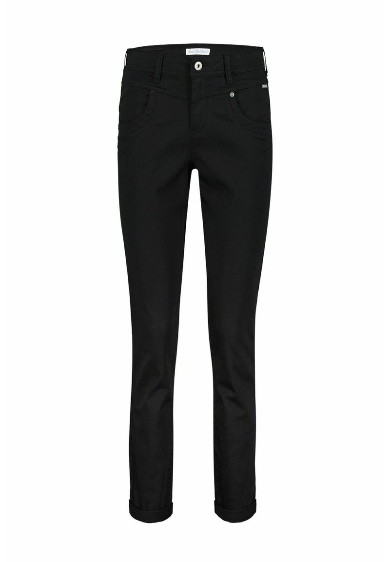 Zwarte denim broek met een aansluitend ontwerp, vijf zakken en een opgerolde zoom. Voorzien van een sluiting met een knop aan de voorkant en subtiele stikseldetails.