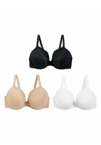Tres sujetadores: uno negro, uno beige y uno blanco. Cada uno cuenta con copas acolchadas, tirantes ajustables y detalles de encaje a lo largo del borde superior.