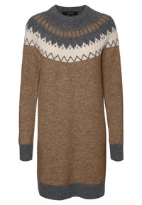 Robe en tricot marron, présentant un empiècement à motifs gris et crème. Manches longues avec des poignets et un ourlet gris. Fabriquée en tissu doux et texturé.