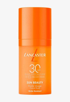 Lancaster Sun Beauty SPF 30 wasserfeste Gesichtsfluid-Sonnencreme in einer orangen zylindrischen Flasche.