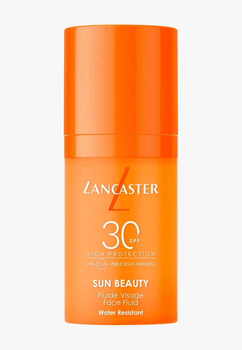 Fluide solaire visage résistant à l'eau Lancaster Sun Beauty SPF 30 dans un flacon cylindrique orange.