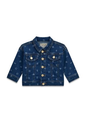 Veste en jean bleu foncé pour enfants avec boutons dorés, poches poitrine et imprimé délavé couvrant de lettres et de formes de cœur.