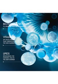 Biotech skincare ingredients highlighted in blue hues: spherical particles representing plankton, Vitamin E, and lipids, with text detailing benefits.