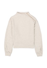 Sudadera de color beige claro con cuello alto, detalle de cremallera en el hombro, mangas largas y puños acanalados. Textura suave y corte holgado.