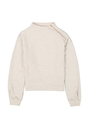 Lichtbeige sweatshirt met hoge kraag, ritsdetail op de schouder, lange mouwen en ribgebreide manchetten. Zachte textuur en losse pasvorm.