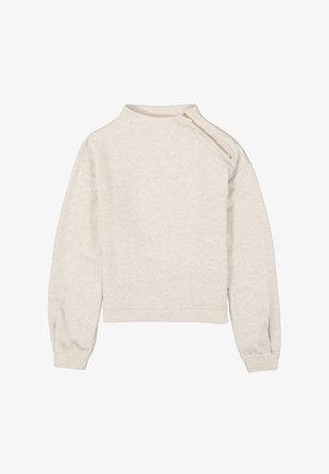 Sudadera de color beige claro con cuello alto, detalle de cremallera en el hombro, mangas largas y puños acanalados. Textura suave y corte holgado.