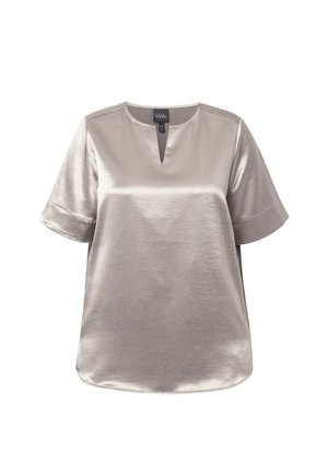 Kurzärmelige Bluse in einem hellen metallischen Silber, mit V-Ausschnitt und glatter Textur. Sie hat einen lässigen Schnitt und einen abgerundeten Saum.