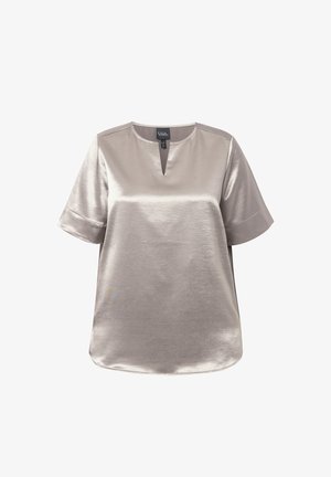 Short-sleeve blouse in a light metallic silver, featuring a v-neckline and smooth texture. It has a relaxed fit and curved hem.
