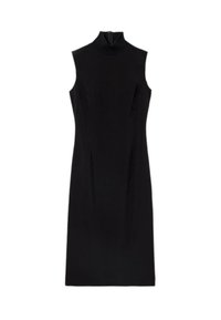 Abito nero senza maniche con colletto alto e silhouette aderente, realizzato in tessuto liscio, presenta una chiusura con cerniera sul retro discreta.