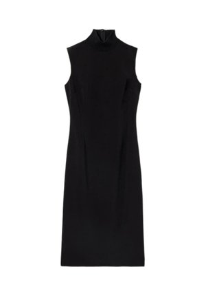 Černé bezrukávové šaty s vysokým límcem a přiléhavou siluetou, vyrobené z hladké tkaniny, mají nenápadný zip na zadní straně.