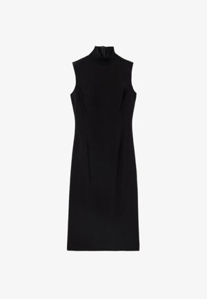 Schwarzes ärmelloses Kleid mit hohem Hals und taillierter Silhouette, aus glattem Stoff gefertigt, mit einem dezenten Reißverschluss auf der Rückseite.