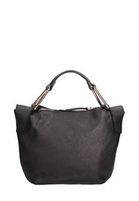 Borsa a mano in pelle nera con finitura texturizzata, chiusura con zip e due robuste maniglie superiori. Presenta accessori in metallo.