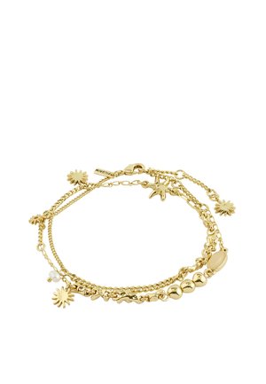Jemný zlatý náramok s retiazkou so slnečnými, hviezdičkovými, korálkovými, mušľovými a perlovými príveskami, s karabínkovým zapínaním a malou značkou "Pilgrim".