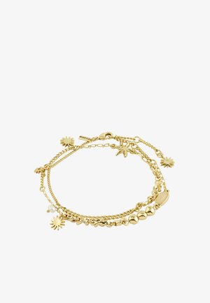 Õrn kuldse kettaga käevõru päikese-, tähe-, helmese, koore ja pärli kaunistustega, millel on klamber ja väike "Pilgrim" silt.