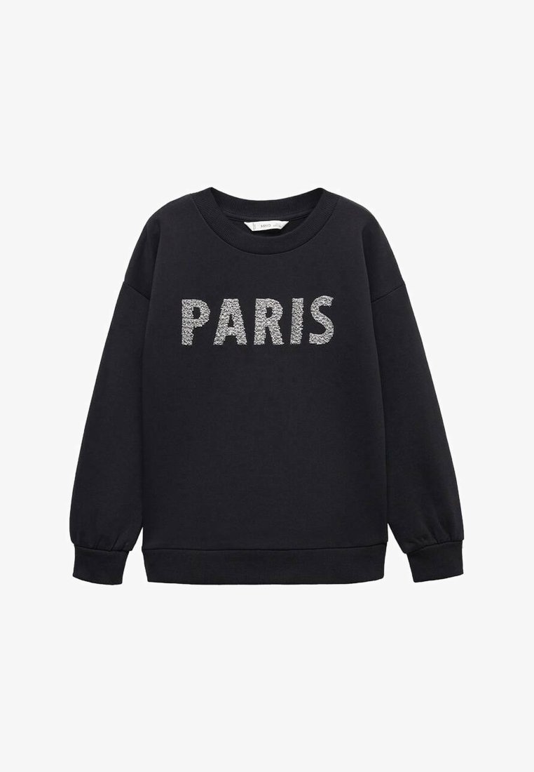 Sweat-shirt noir à manches longues et col rond. Présente l'inscription "PARIS" en lettres argentées texturées sur le devant. Tissu doux.