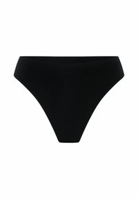 Bas de bikini noir avec un design minimaliste, texture lisse et une couverture modérée avec une taille haute et sans embellissements.