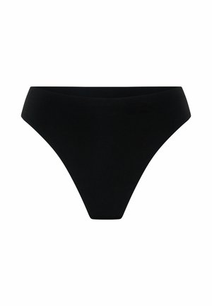 Bas de bikini noir avec un design minimaliste, texture lisse et une couverture modérée avec une taille haute et sans embellissements.