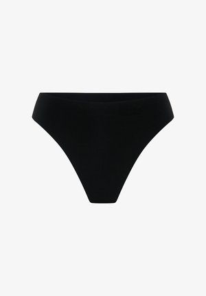 Bas de bikini noir avec un design minimaliste, texture lisse et une couverture modérée avec une taille haute et sans embellissements.
