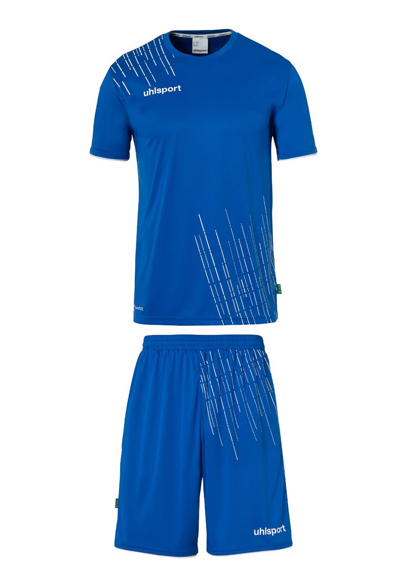 Blå atletisk uniform bestående af en kortærmet skjorte og shorts. Skjorten har skrå hvide striber; logo på venstre bryst og på shorts.