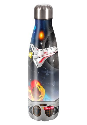 Stainless steel water bottle with a glossy space-themed design featuring a rocket, planets, and stars in vibrant colors.