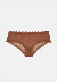 Culotte hipster en dentelle marron avec un design en mesh à pois, dotée d'une ceinture et d'ouvertures pour les jambes festonnées pour plus de détails.