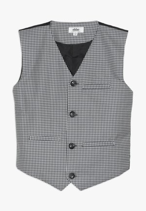 Czarna i biała kamizelka na guziki z wzorem pepitki, z dekoltem w serek i dwoma kieszeniami z przodu, oznaczona "ebbe" rozmiar 134/140.