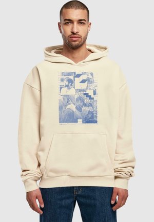 Beige hoodie with a front pocket, featuring a blue graphic print of a collage with text. Soft fabric with a relaxed fit and drawstring hood.