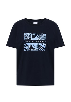 T-shirt noir à manches courtes avec un motif graphique abstrait bleu sur le thème côtier et le texte « Coastal Garden » sur le devant.
