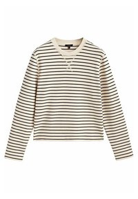 Felpa a maniche lunghe a righe con una base crema e righe orizzontali blu navy, colletto a girocollo e polsini e fondo a costine.
