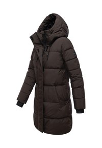Langdonkerbruin gewatteerd winterjack met een hoge kraag, verstelbare capuchon, rits aan de voorkant en zijzakken.