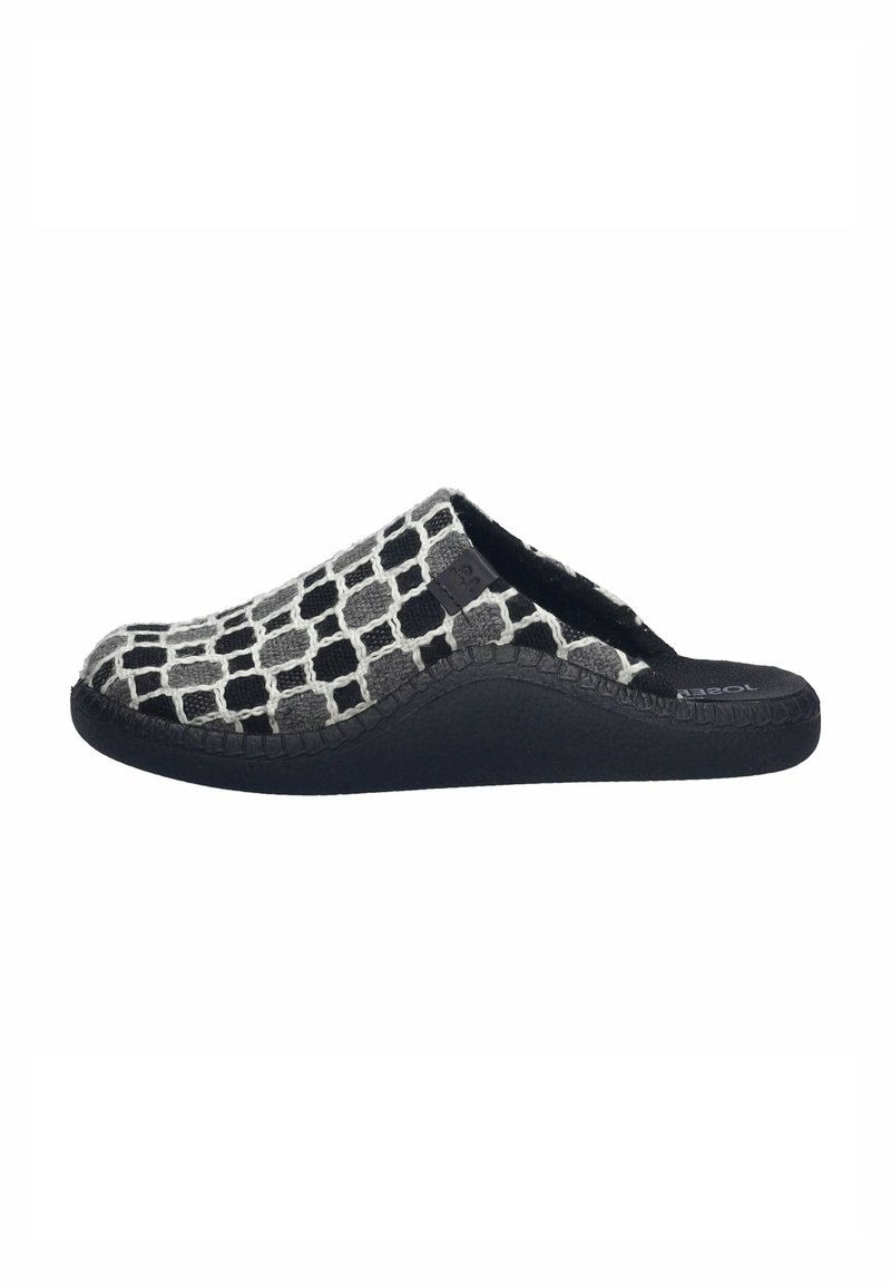 Black and white patterned slip-on shoe with a soft fabric upper, rubber sole, and textured surface. Curved silhouette with a wide opening.