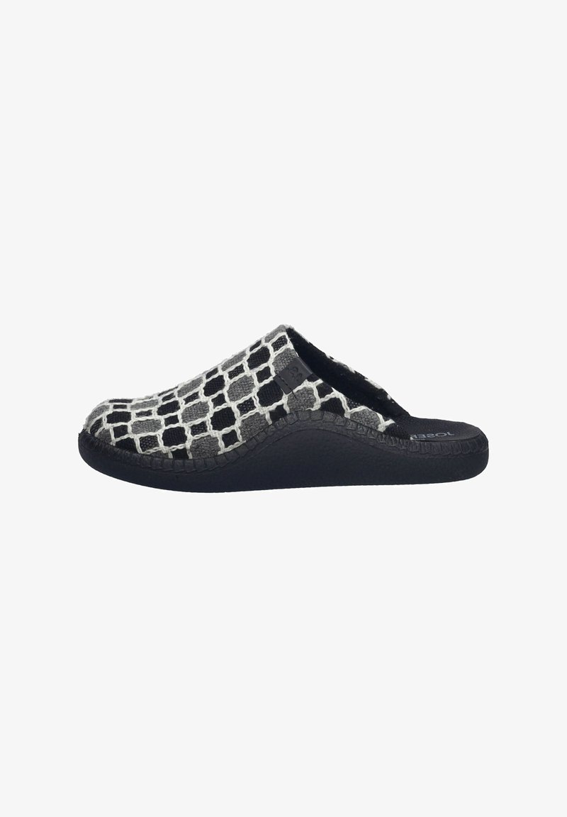 Schwarz-weißer, gemusterter Slipper mit einem weichen Obermaterial aus Stoff, Gummisohle und texturierter Oberfläche. Abgerundete Silhouette mit weiter Öffnung.