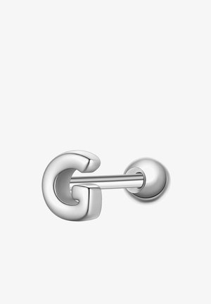 Silberner metallischer Hantelohrring mit einer dicken, gebogenen, "G"-förmigen Vorderseite und einem runden Hinterverschluss.