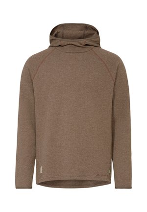 Brauner Pullover mit Kapuze, langer Ärmel, Waffelstrickmuster, Raglan-Nähten und leicht geschwungenem Saum, mit kleinen Markenzeichen nahe dem unteren Saum.