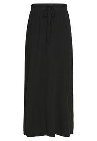 Jupe longue noire en tissu léger, dotée d'une taille élastique avec cordon de serrage, fentes latérales pour plus de souplesse.