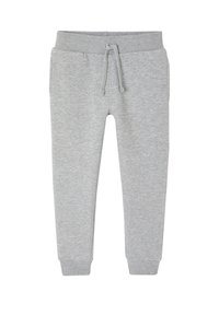 Graue Sweatpants mit einem Kordelzugbund, Bündchen an den Knöcheln und einem weichen, strukturierten Stoff. Einfaches Design und keine sichtbaren Muster oder Grafiken.