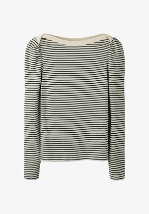 Chemise blanche à manches longues avec des rayures horizontales noires et des épaules légèrement bouffantes, dotée d'un col rond large.