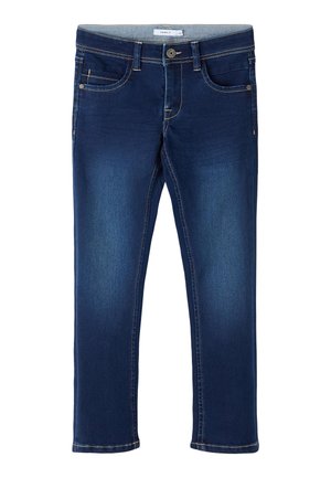 Mørkeblå denimjeans med slim fit, som har fem lommer, knappelukking og kontrastsøm på sømmene.