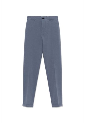 Herretailored slim fit grå bukser med bæltestropper, knaplukning foran og pressede læg ned langs benene.