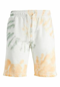 Białe szorty tie-dye z zielonymi i pomarańczowymi wzorami, z elastyczną talią i sznurkiem, wykonane z miękkiej mieszanki materiałów.
