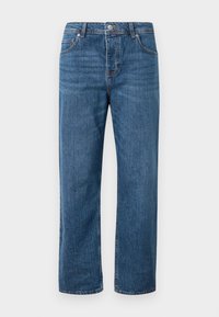 Modre jeans hlače z ravnim krojem in visokim pasom. Značilnosti vključujejo sprednje žepke, gumbno zapiranje in subtilne šivane podrobnosti.