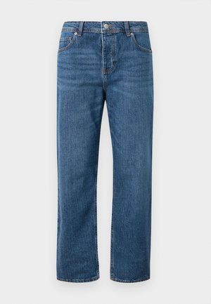 Blauwe denim jeans met een rechte pijp en een hoge taille. Kenmerken zijn onder andere voorzakken, een knoopsluiting en subtiele stiksel details.