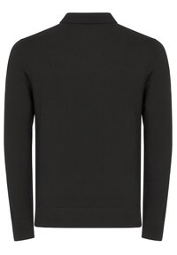 Polo nera a maniche lunghe con colletto classico, polsini a coste e finitura del tessuto strutturata. Nessun logo o motivo visibile.