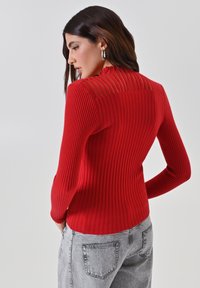 Roter gerippter Pullover mit langen Ärmeln, der transparente Streifen im Rückenbereich hat. Kombiniert mit hellgrauen hochgrätierten Jeans.
