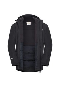 Giacca nera impermeabile con interno in fleece, chiusura frontale con zip, chiusura a scatto e polsini elasticizzati. Presenta un colletto alto e dettagli riflettenti.