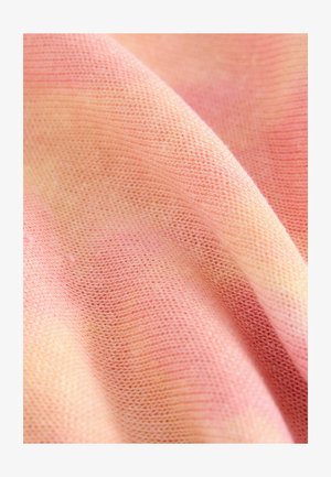 Könnyű, kötött anyag rózsaszín és barack árnyalataiban. Strukturált szövet finom színátmenet hatással, puha tapintású.