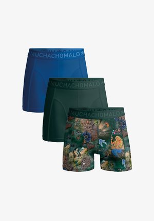 Három pár férfi boxer alsónadrág: kék, sötétzöld és tengeri mintás, sellőkkel és térképekkel díszítve. Rugalmas derékpántokkal együtt.